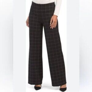 Brand New Women's Nicole Miller Windowpane Print Wide Leg Trousers Pants